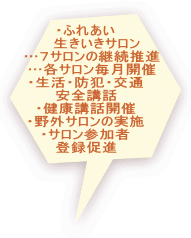 ・ふれあい 　　生きいきサロン 　…７サロンの継続推進 　…各サロン毎月開催 ・生活・防犯・交通 安全講話 ・健康講話開催 ・野外サロンの実施 ・サロン参加者 登録促進